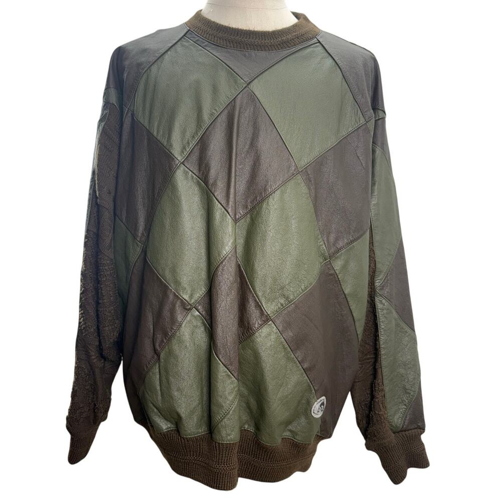 Vintage 80s Men's XL Patchwork Knit Sweater Blue Green Trutus Biancarra